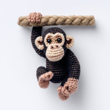 Amigurumi Crochet Monkey Toy Hanging From A Woven Rope Isolated Against A Clean White Background