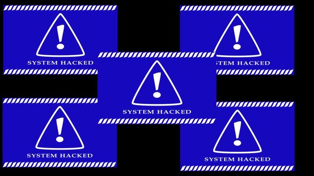 DATA hack security breach computer hacking warning message hacked alert. microprocessor connections and data processing on black background.