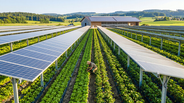 Farmer tending crops growing beneath solar panels on agrivoltaic farm, sustainable agriculture