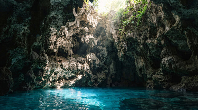 Hidden tropical limestone cavern with brilliant turquoise water and natural sunlight pouring through a large opening surrounded by lush vegetation and rugged rock formations.