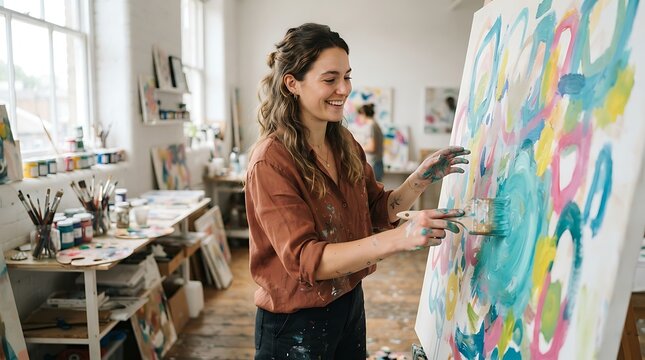 Woman painting abstract canvas artwork in bright artist studio, creative process
