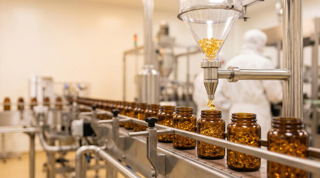 Automated factory conveyor filling medicine bottle with pharmaceutical supplement capsule in packaging line.