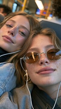 Deux amies allong&eacute;es ensemble prennent un selfie complice pendant un trajet en transport