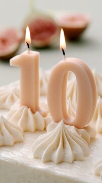 Bougies en forme de chiffre dix allum&eacute;es sur un g&acirc;teau d'anniversaire &agrave; la cr&egrave;me