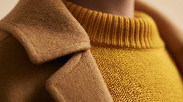 Warm tones frame a textured coat and vibrant sweater