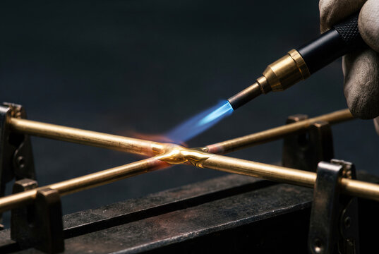 Brazing brass metal rod joint with soldering torch flame on clamp welding setup.