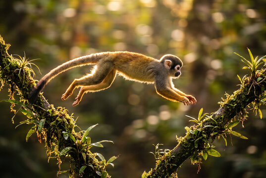 Wildlife squirrel monkey primate leaping in agile jump across tree branch in jungle rainforest canopy.