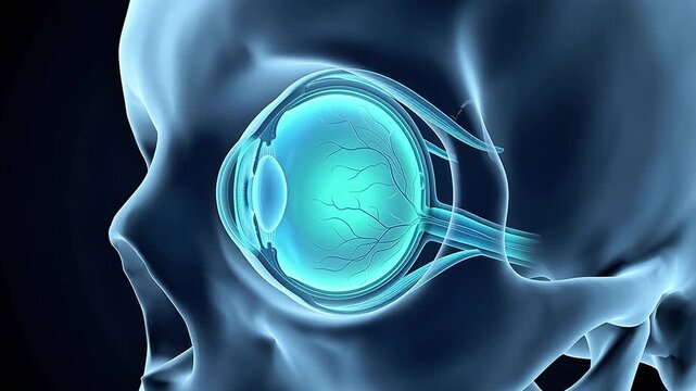 3D medical animation showing the internal structure of a human eye and optic nerve within the skull orbital socket