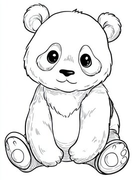 Cute Baby Panda Bear Line Art Sketch Isolated On Plain White Background For Coloring Page