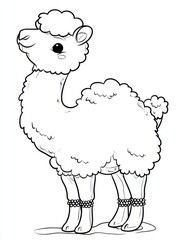 Fototapeta premium Cute Cartoon Alpaca Line Art Drawing With Woolly Texture On Clean White Background