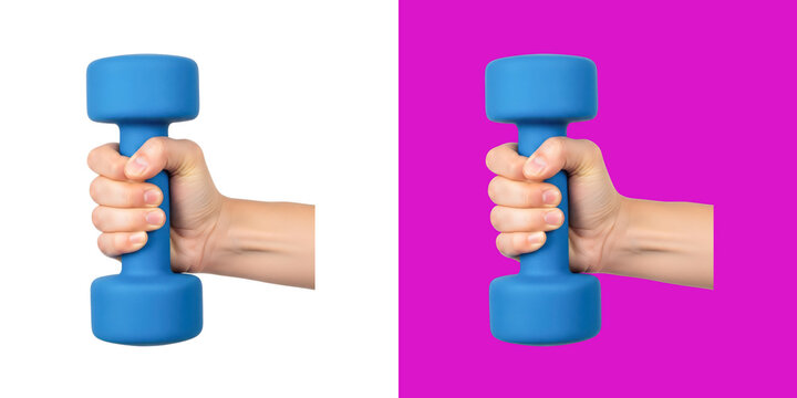 Hands gripping blue dumbbells for fitness workout transparent png