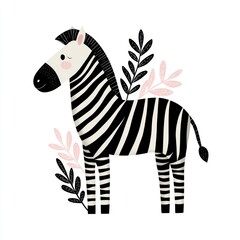 Fototapeta premium Cute Cartoon Zebra Illustration With Minimalist Black And White Stripes And Soft Pastel Pink Leaves