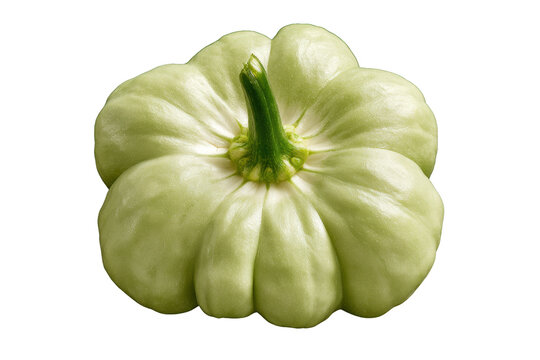 Single pale green pattypan squash with a sturdy stem viewed from above isolated on a transparent background