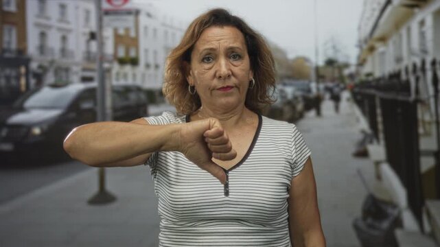 Woman showing thumbs down gesture on city street with visible arm extended and striped shirt; disapproval.
