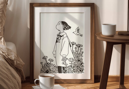Minimal Bedroom Wall Art Mockup PSD With Framed Illustration In Cozy Light