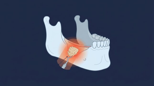 Medical illustration of a dental procedure involving bone grafting on a human lower jaw mandible