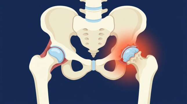 Medical illustration of human hip joint anatomy showing inflammation and joint degeneration