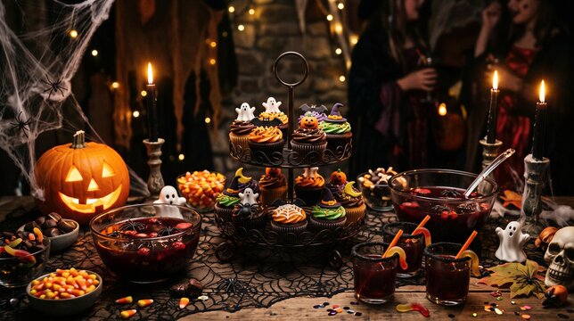 Decorated cupcakes and spooky punch fill a Halloween table. A jack-o-lantern, candles, candy, cobwebs, and skulls create a haunted party setting. Seasonal celebration concept.