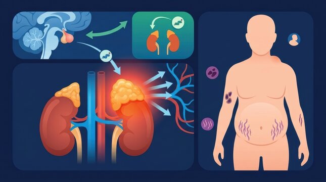 Medical illustration of Cushing syndrome showing adrenal gland dysfunction and physical symptoms