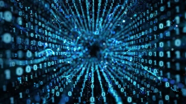 Floating binary numbers with glowing particles on black background, digital data code animation, futuristic technology video overlay template