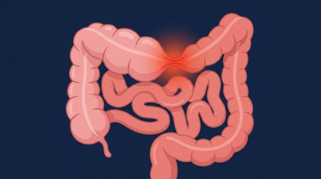 Medical illustration of human large intestine showing a localized area of inflammation or pain