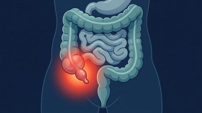 Medical illustration of human appendix inflammation showing acute appendicitis in the abdomen