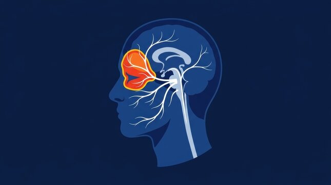 Medical illustration of the human trigeminal nerve pathway in a profile head silhouette view