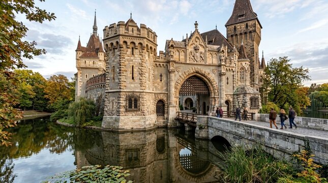 Historic Castle Fortress with Moat and Bridge, European Landmark Architecture