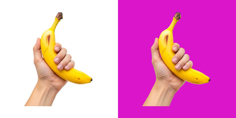 Hands holding ripe bananas with peeled ends transparent png © Abu