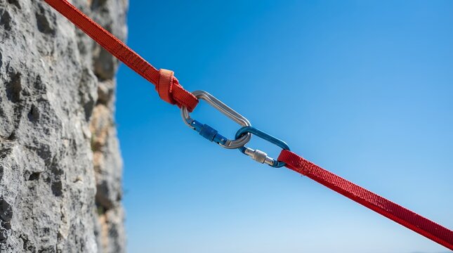 Professional climbing carabiners and red slackline webbing, secure mountain rock anchor system, extreme outdoor sports equipment against blue sky
