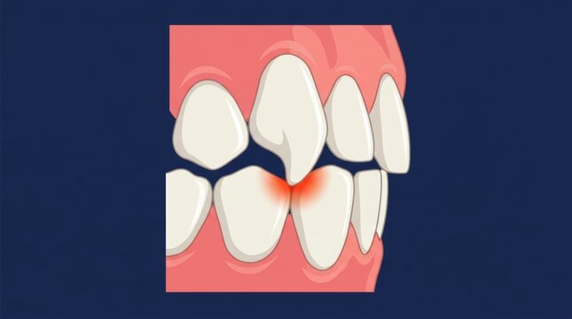 Illustration of dental malocclusion showing a misaligned tooth causing gum irritation and pain