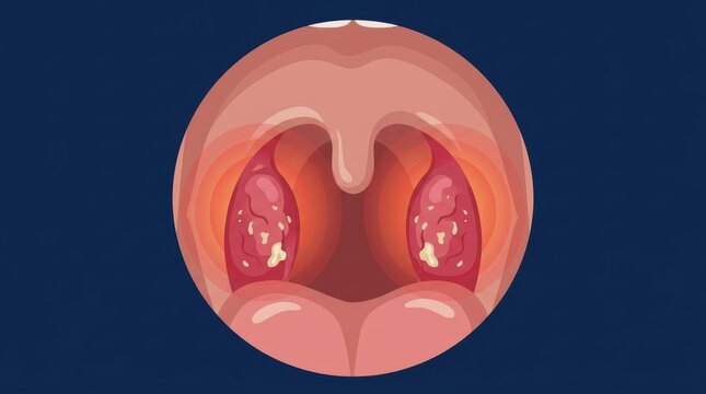 Medical illustration of inflamed tonsils with white exudate showing signs of acute tonsillitis