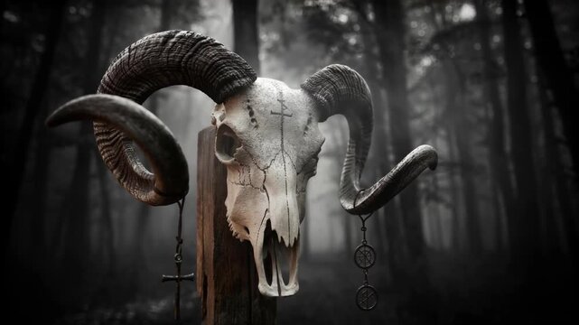 Ram Skull Mounted on Wooden Post in Misty Forest with Occult Symbols Cinematic Horror Aesthetic for Dark Fantasy or Spiritual Themes