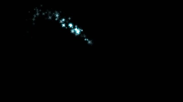 Electric cyan magical stardust trail on black background, glowing cyber fairy particle sweep, futuristic celestial star flight, anime energy spell overlay, technology video presentations