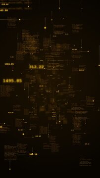 Vertical golden financial data matrix moving forward in 3d cyber space, cryptocurrency blockchain ledger, investment banking analytics, algorithmic trading network, luxury fintech mobile video