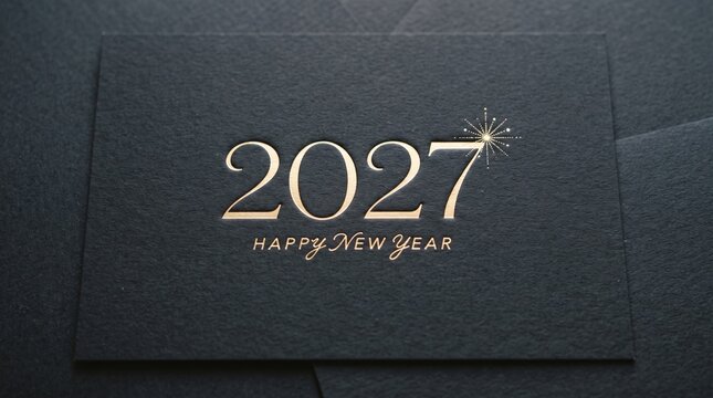 Elegant 2027 Happy New Year greeting card with gold embossed typography on a black textured paper