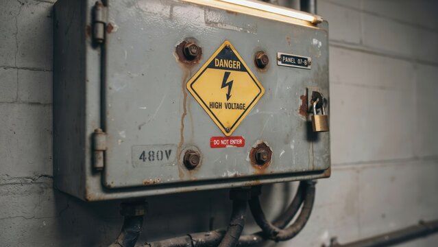 Weathered industrial electrical box featuring yellow warning signs and a secure padlock mounted on brick wall