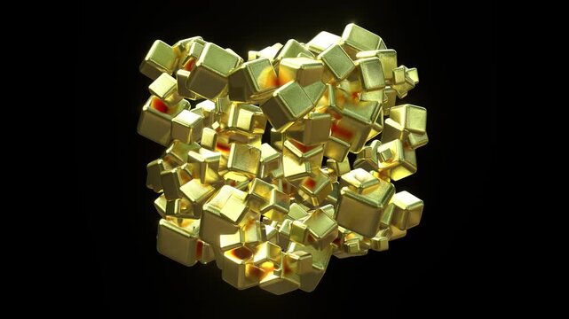 A 3D seamless loop animation of many Golden brilliant  cubes transformer sizes and rotate as procedural geometric 3d render motion graphic and concept art on dark black background.