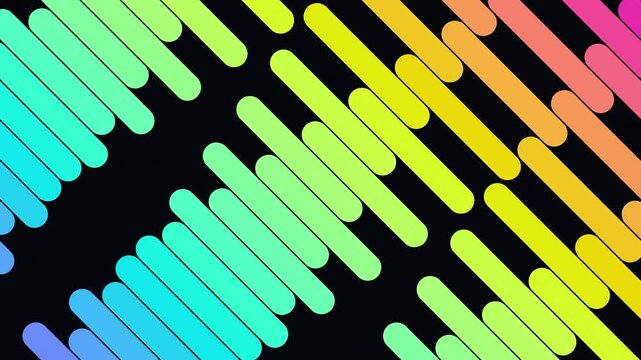 Rainbow stripes streaming across the screen as dashes in a staggered diagonal wave on black, seamless loop