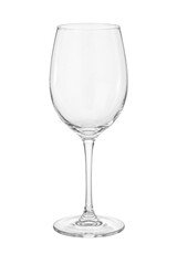 Obraz premium Empty clear transparent elegant wine glass stands upright with a long stem on a white background, ready for use