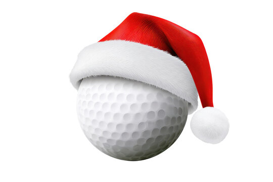 White golf ball wearing a red and white santa claus hat for christmas holiday sports and winter season... isolated on a transparent background