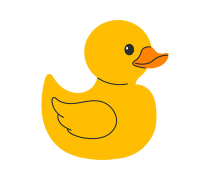 Classic yellow rubber duck with orange beak in side profile, cute bath toy icon for kids design. Flat vector illustration