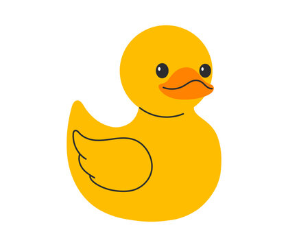 Smiling yellow rubber duck facing forward with orange beak, cheerful bath toy icon for kids design. Flat vector illustration