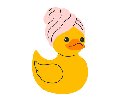 Yellow rubber duck wrapped in pink towel turban after bath, cute spa self-care icon for kids design. Flat vector illustration