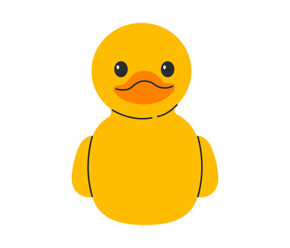 Front view yellow rubber duck with wings and orange beak, symmetrical bath toy icon for kids design. Flat vector illustration