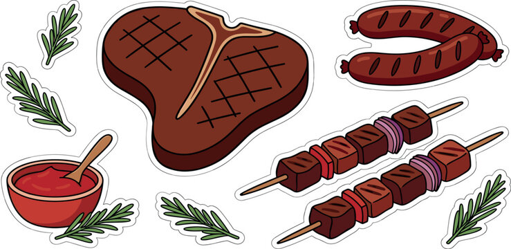 Barbecue meat sticker vector set with grilled steak sausages isolated on white background