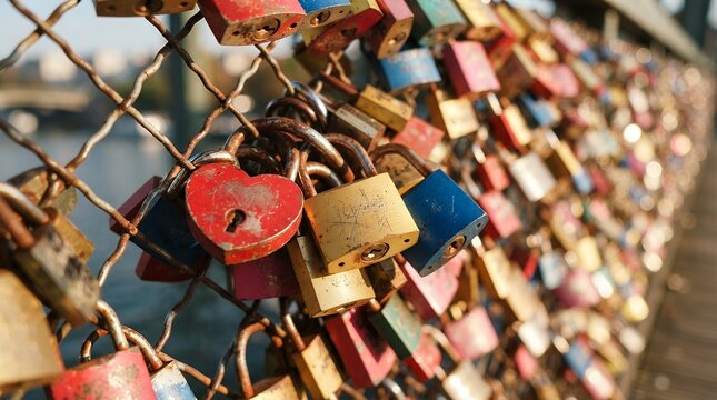 Colorful love locks on a metal fence, symbolizing eternal commitment and romantic devotion. A vibrant display of padlocks, representing lasting relationships and shared memories
