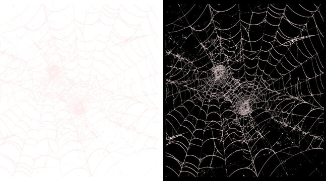 Intricate spider web illustration, realistic cobweb textures on black and white backgrounds, spooky halloween design elements for horror themes