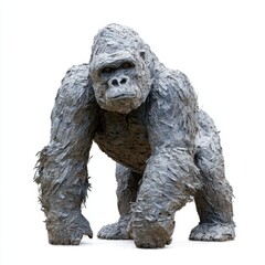 Fototapeta premium Full Body Gorilla Sculpture Made From Recycled Gray Metal Scraps Isolated On A White Background