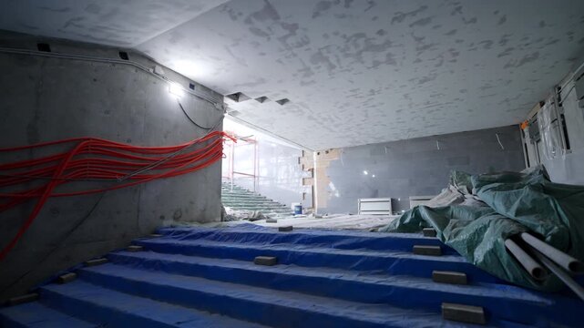Staircase lies covered under protective blue sheeting below plastered ceiling. Space demonstrates active interior construction process